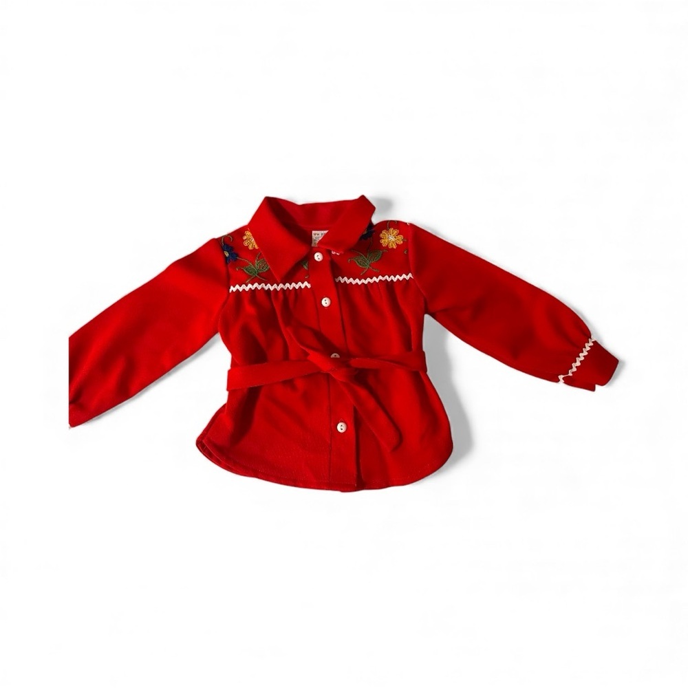 Vintage Toddletime Floral Embroidered Belted Red Button Down Blouse Shirt 3T